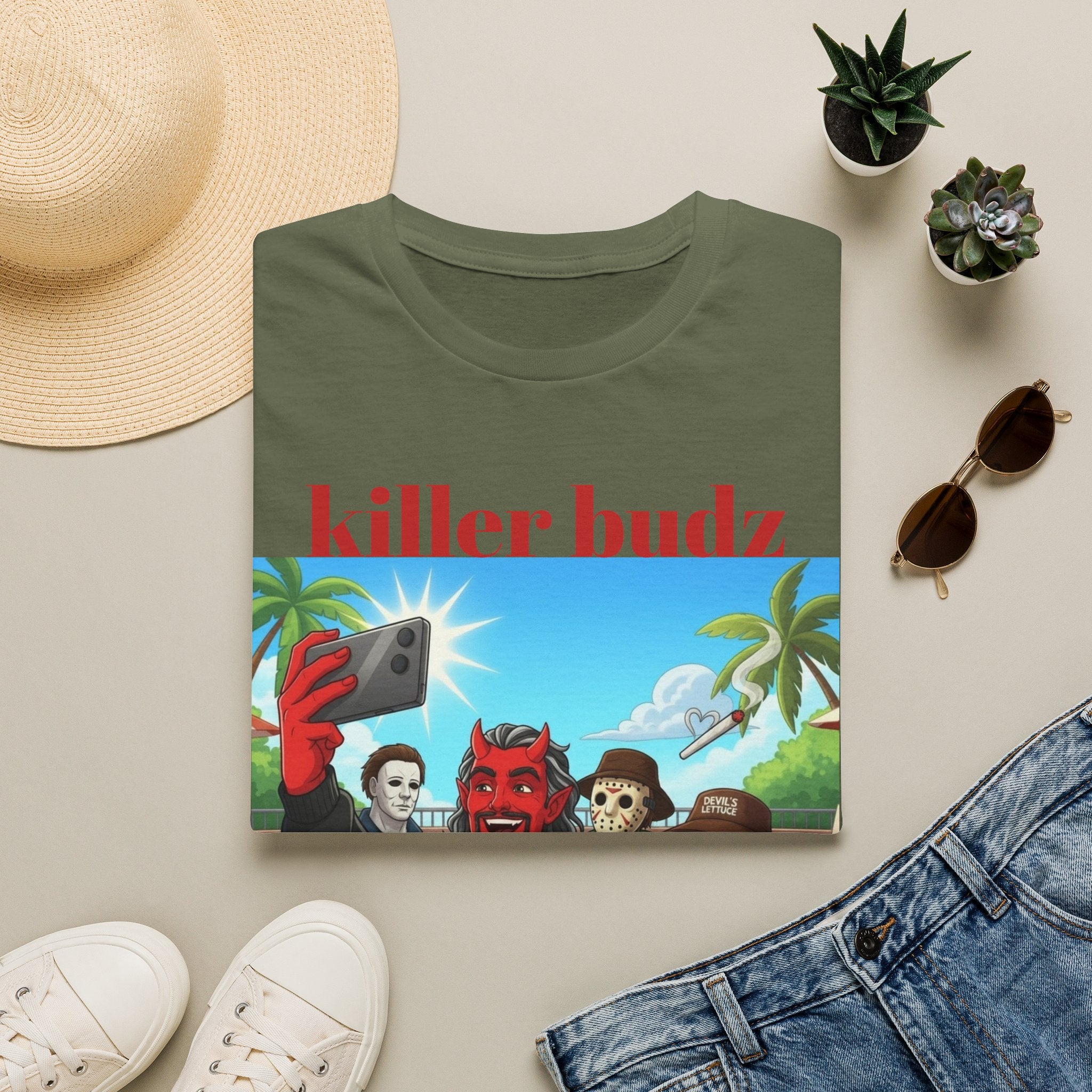 Killer Budz Graphic T-Shirt — Funny Devil & Skull Stoner Beach Design