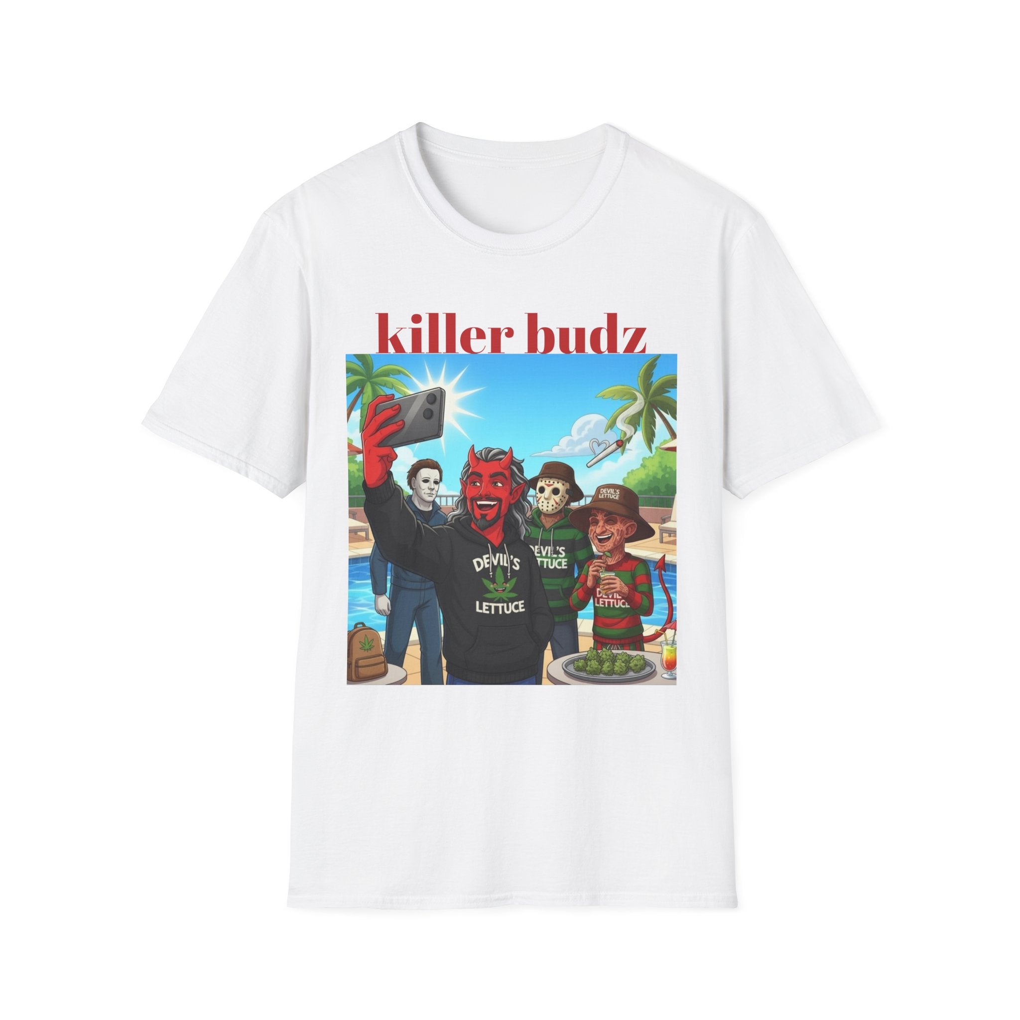 Killer Budz Graphic T-Shirt — Funny Devil & Skull Stoner Beach Design