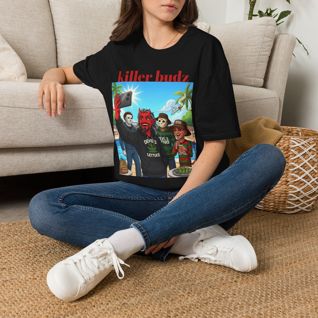 Killer Budz Graphic T-Shirt — Funny Devil & Skull Stoner Beach Design