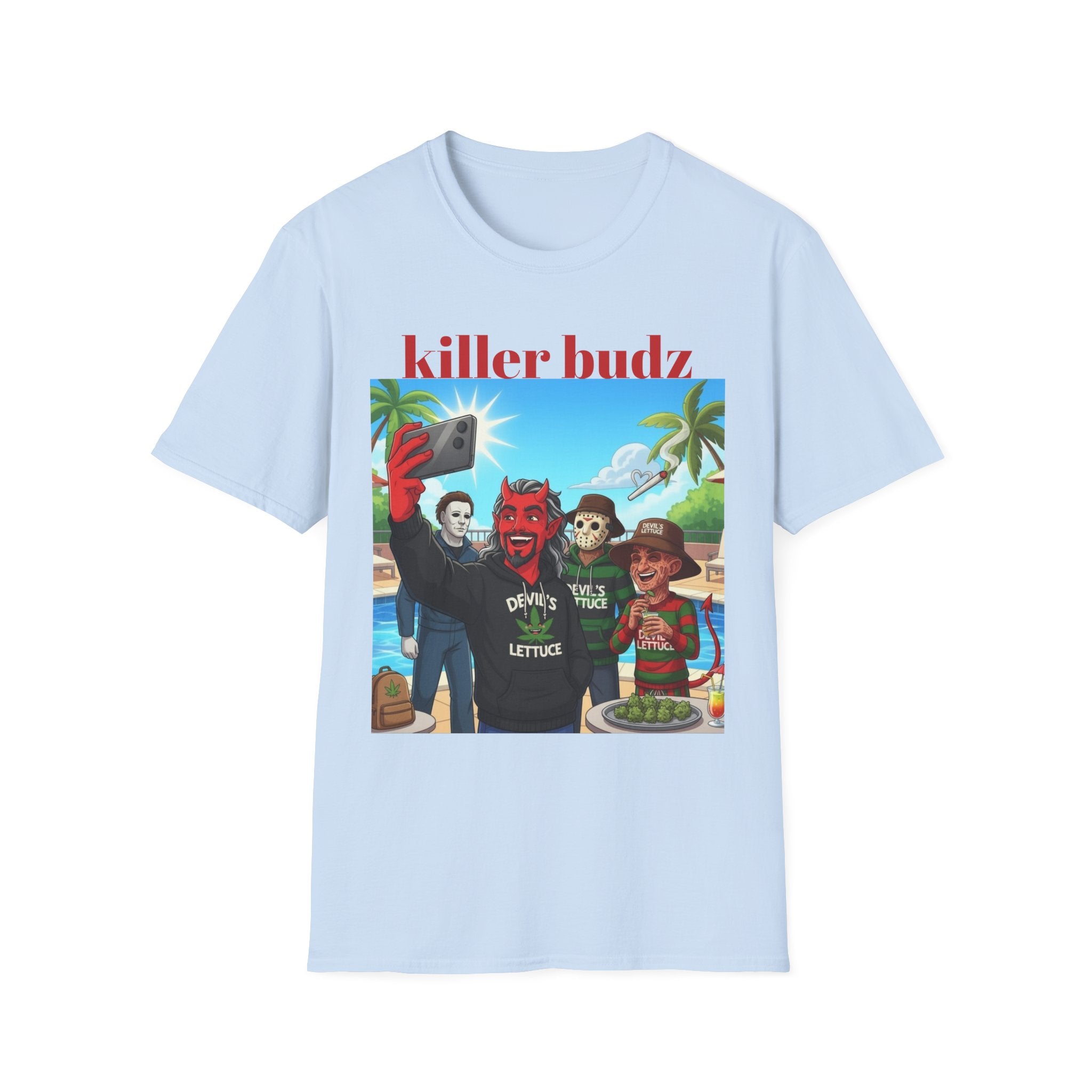 Killer Budz Graphic T-Shirt — Funny Devil & Skull Stoner Beach Design