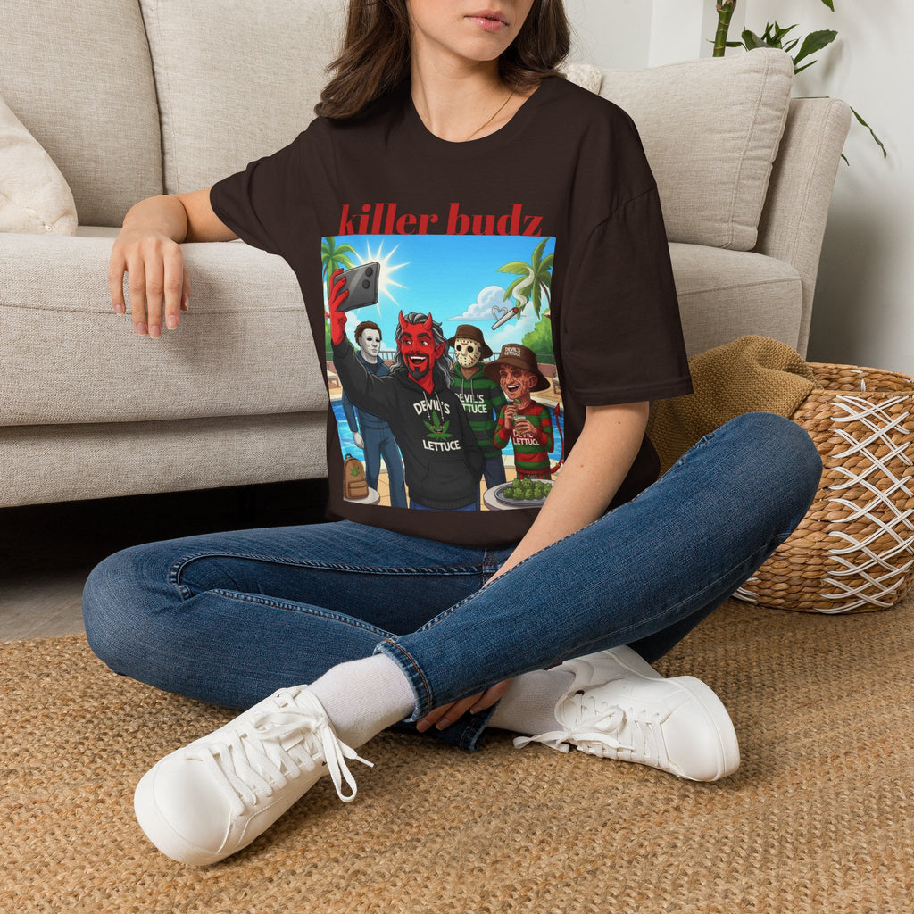 Killer Budz Graphic T-Shirt — Funny Devil & Skull Stoner Beach Design