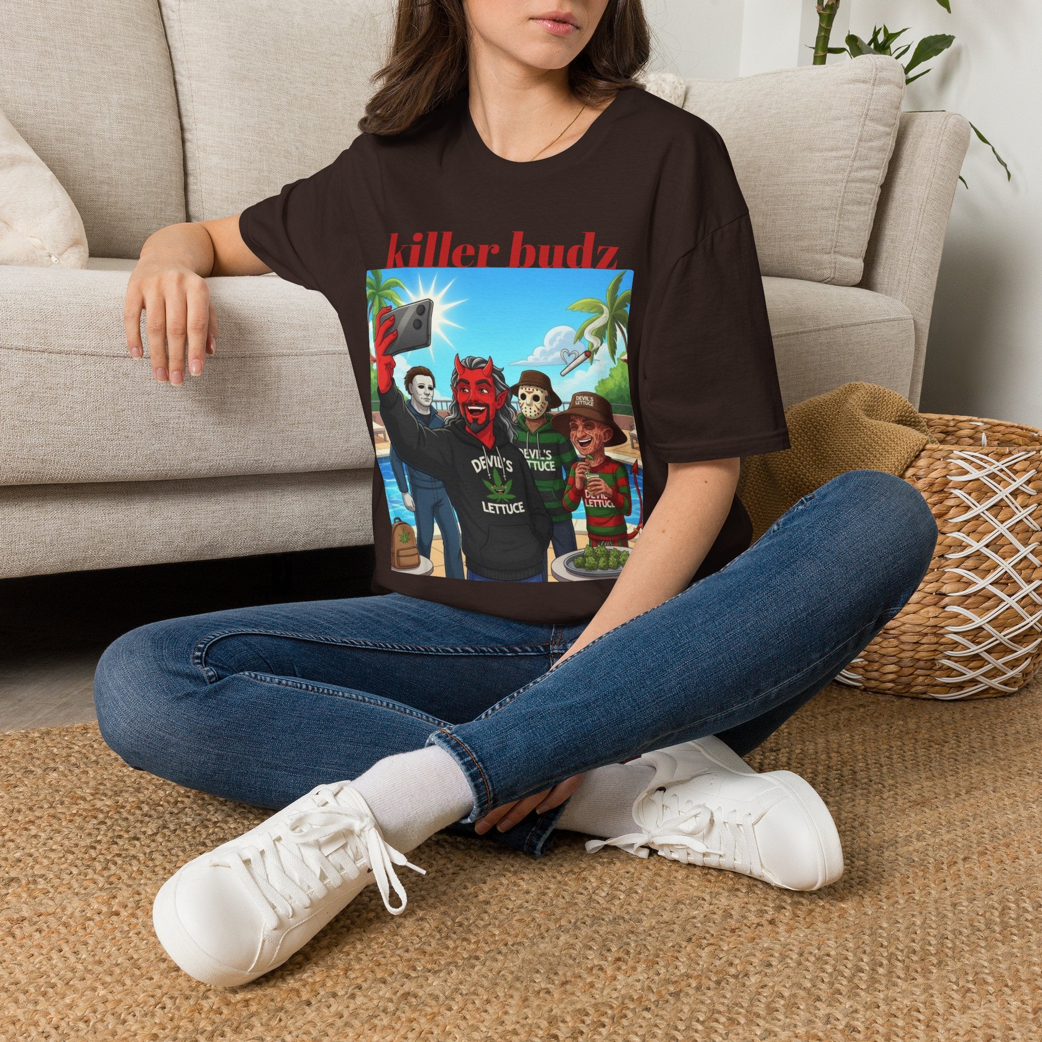 Killer Budz Graphic T-Shirt — Funny Devil & Skull Stoner Beach Design