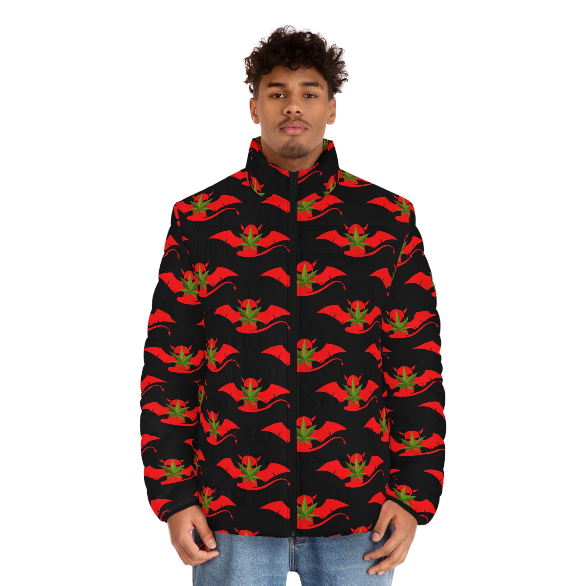 Men's Puffer Jacket – Red and Green Devil's Lettuce Stamp