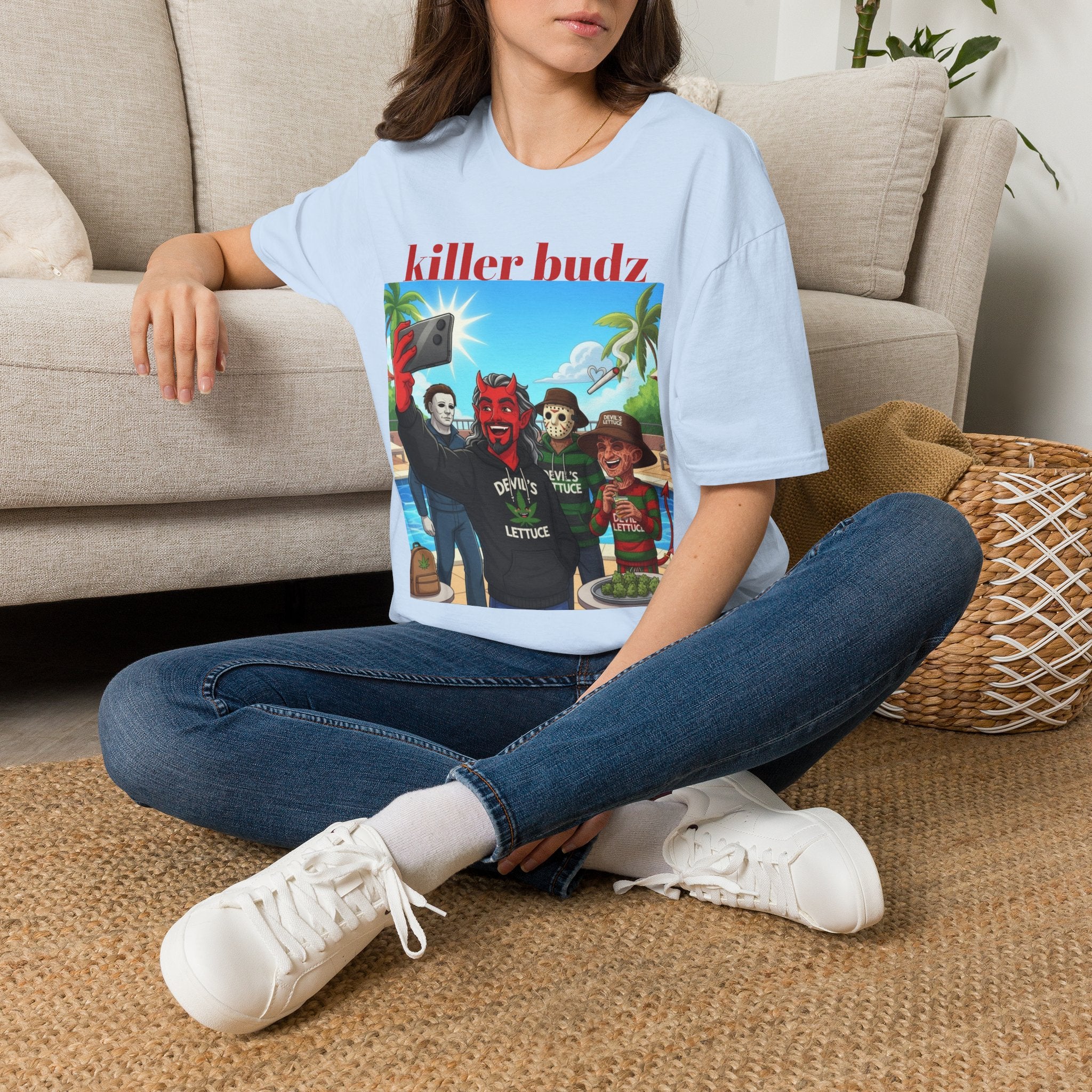 Killer Budz Graphic T-Shirt — Funny Devil & Skull Stoner Beach Design