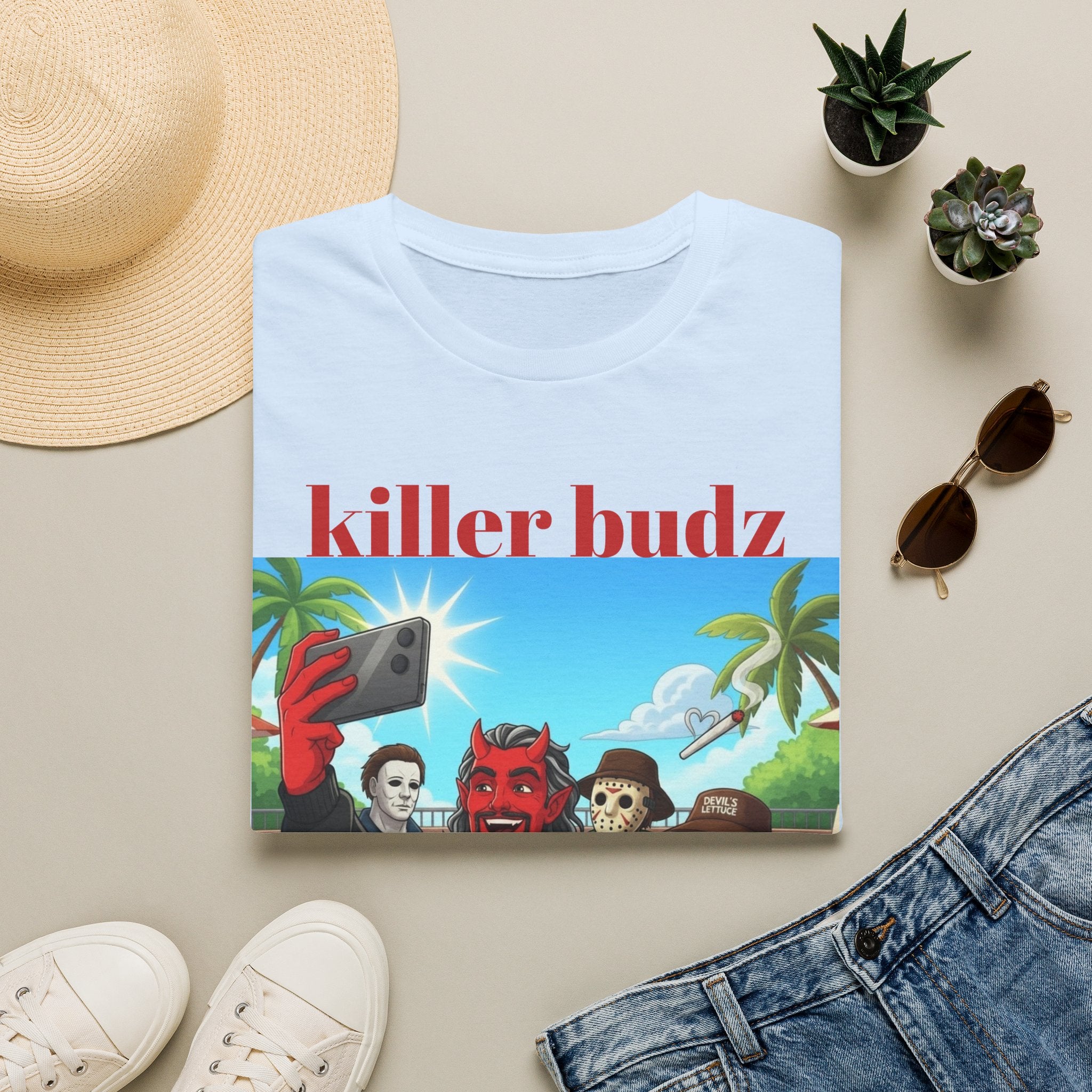 Killer Budz Graphic T-Shirt — Funny Devil & Skull Stoner Beach Design