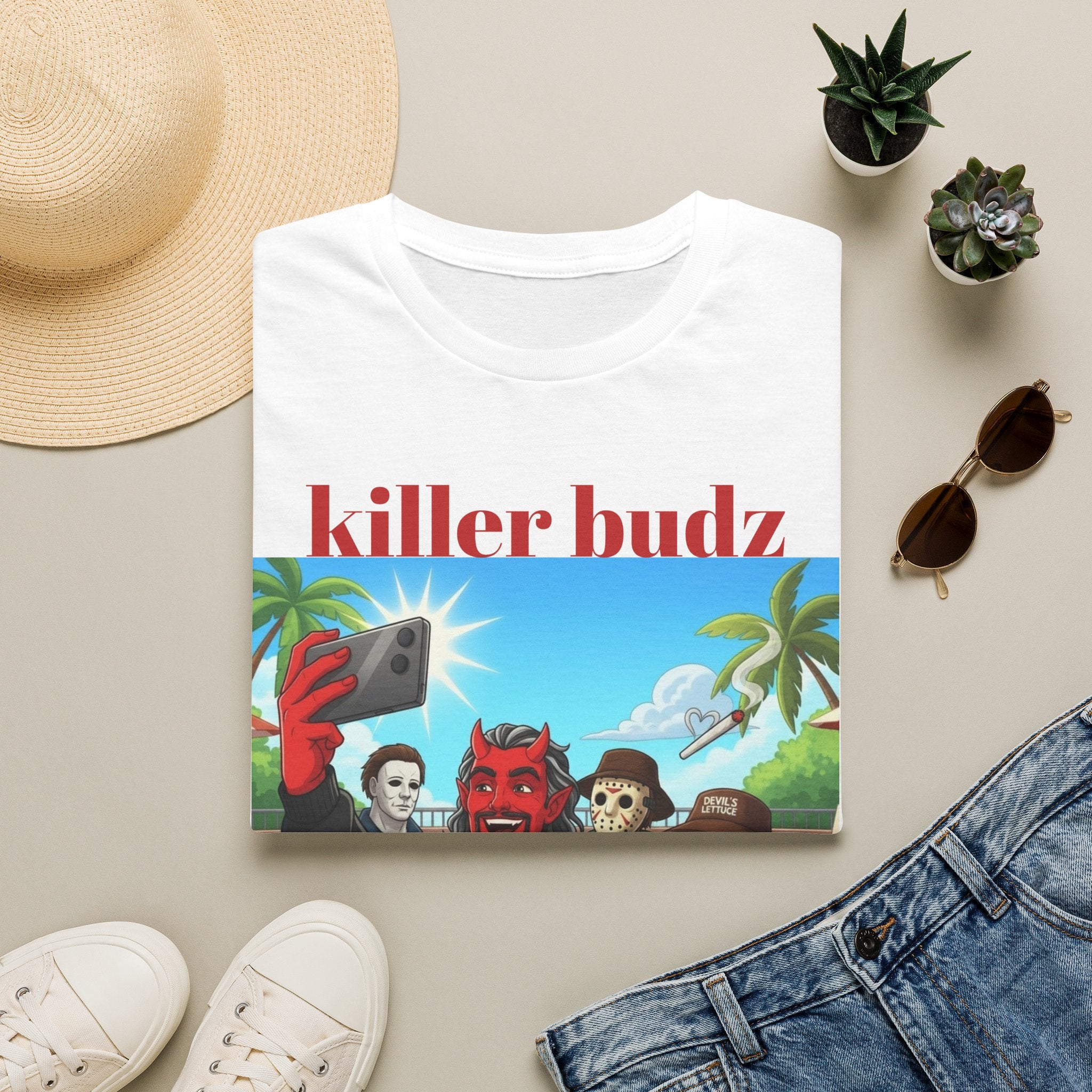 Killer Budz Graphic T-Shirt — Funny Devil & Skull Stoner Beach Design