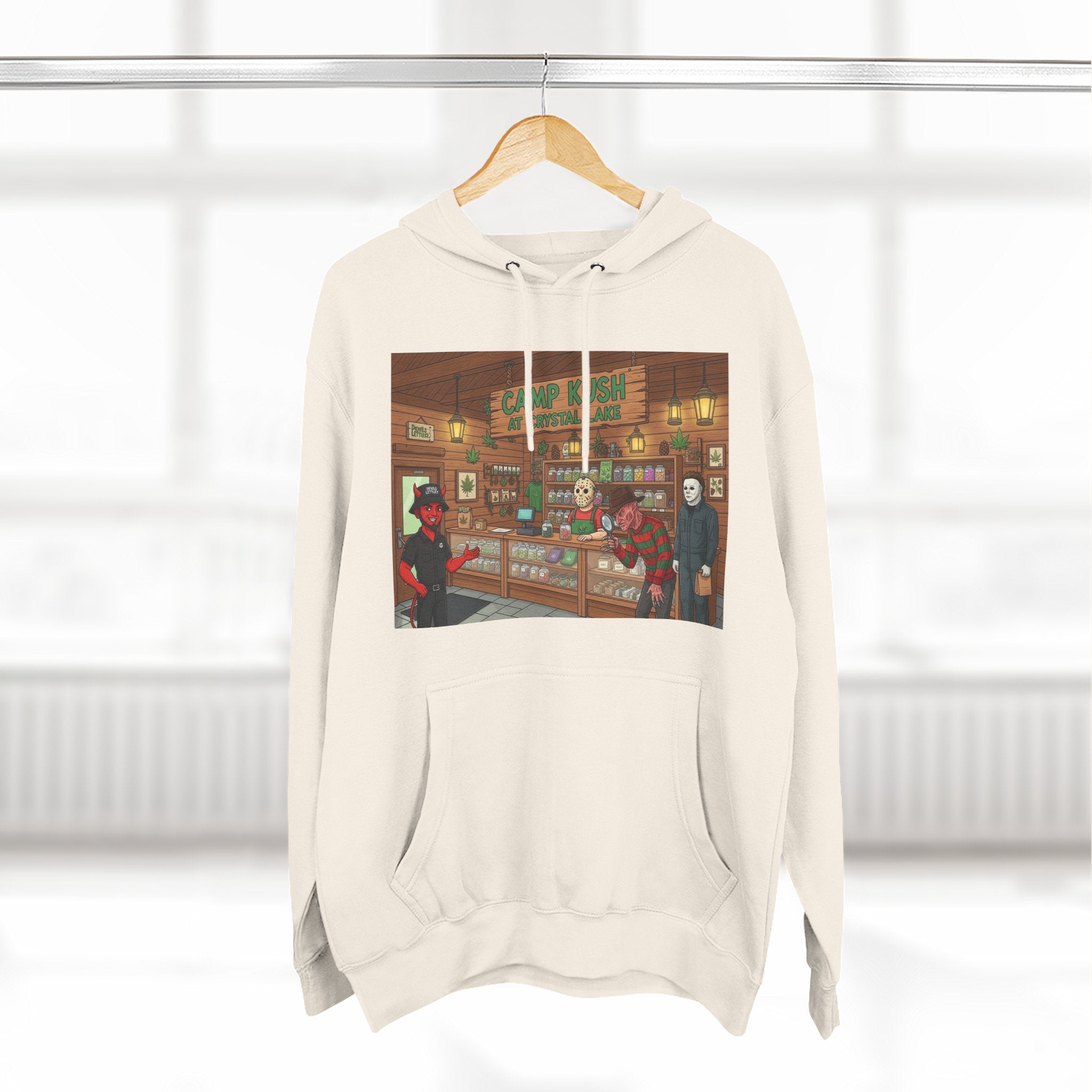 Camp Kush at Crystal LakeThree-Panel Fleece Hoodie, Cozy Casual Wear, Graphic Hoodie for Festivals, Men's and Women's Fashion, Perfect Gift for Stoners