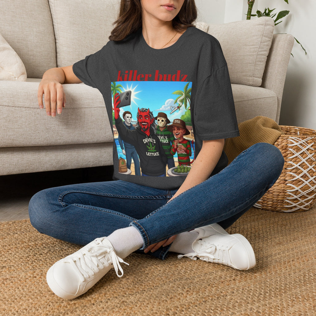Killer Budz Graphic T-Shirt — Funny Devil & Skull Stoner Beach Design