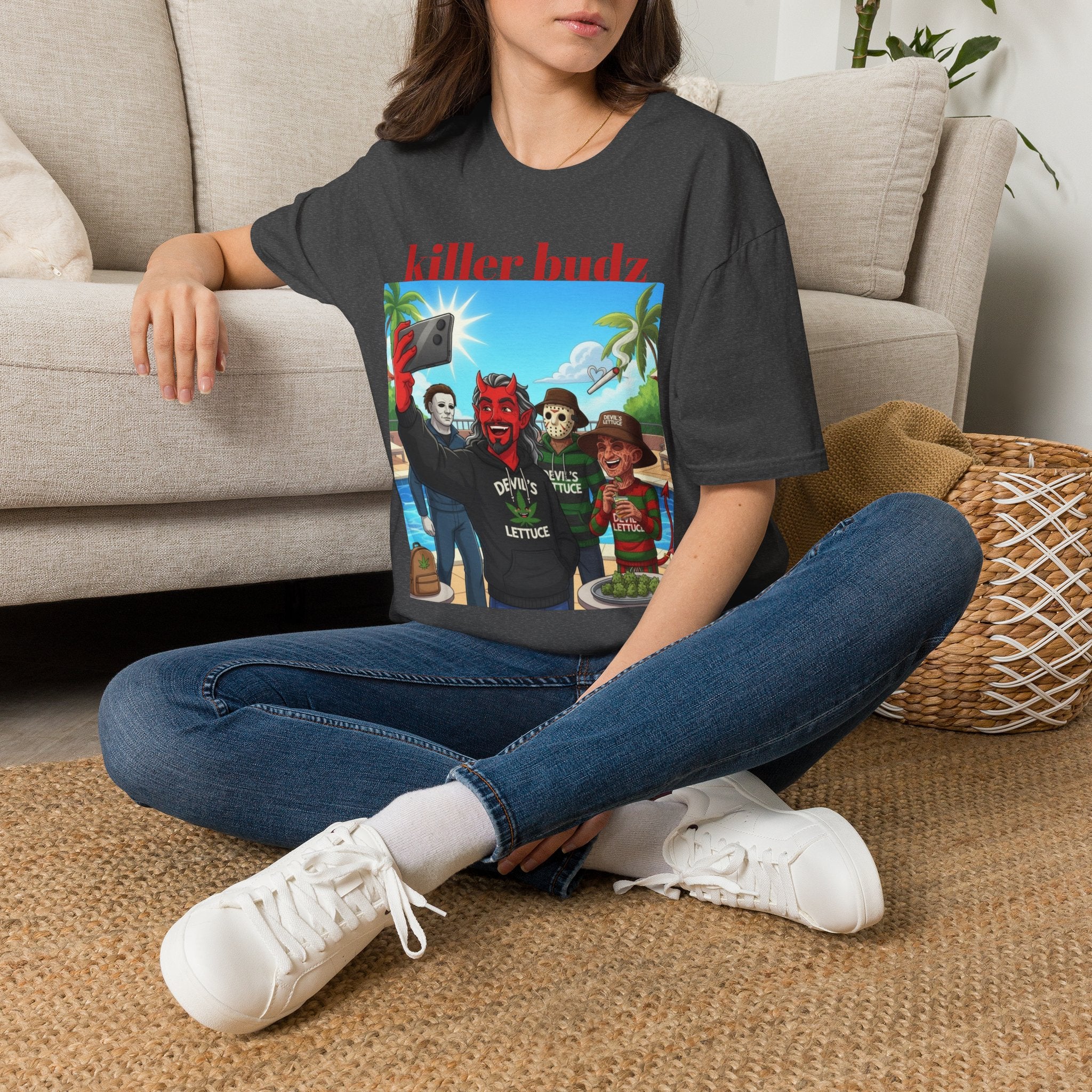 Killer Budz Graphic T-Shirt — Funny Devil & Skull Stoner Beach Design