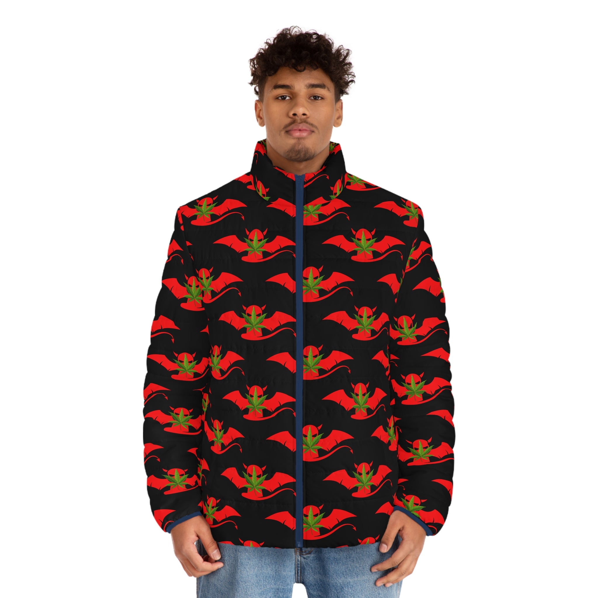 Men's Puffer Jacket – Red and Green Devil's Lettuce Stamp