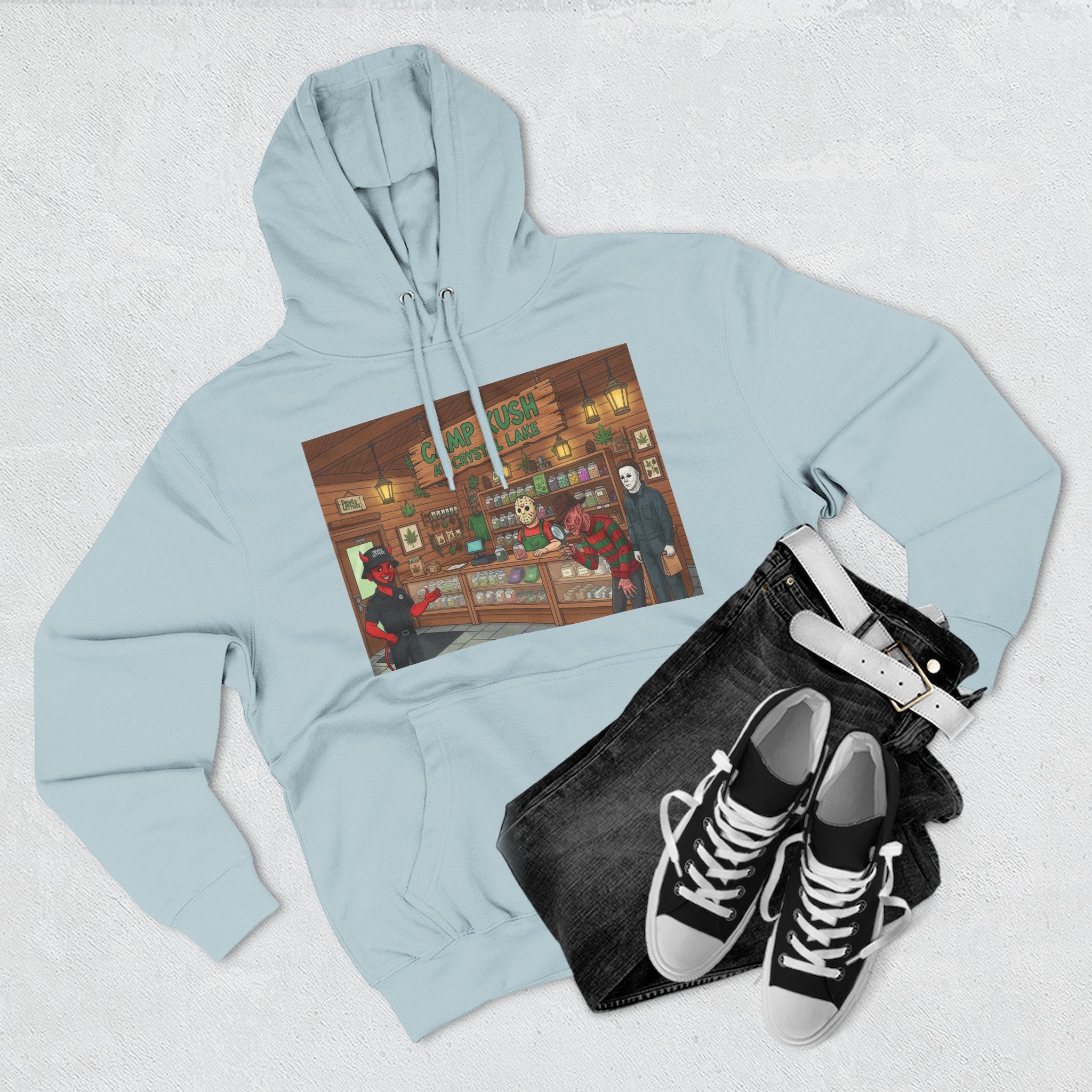 Camp Kush at Crystal LakeThree-Panel Fleece Hoodie, Cozy Casual Wear, Graphic Hoodie for Festivals, Men's and Women's Fashion, Perfect Gift for Stoners