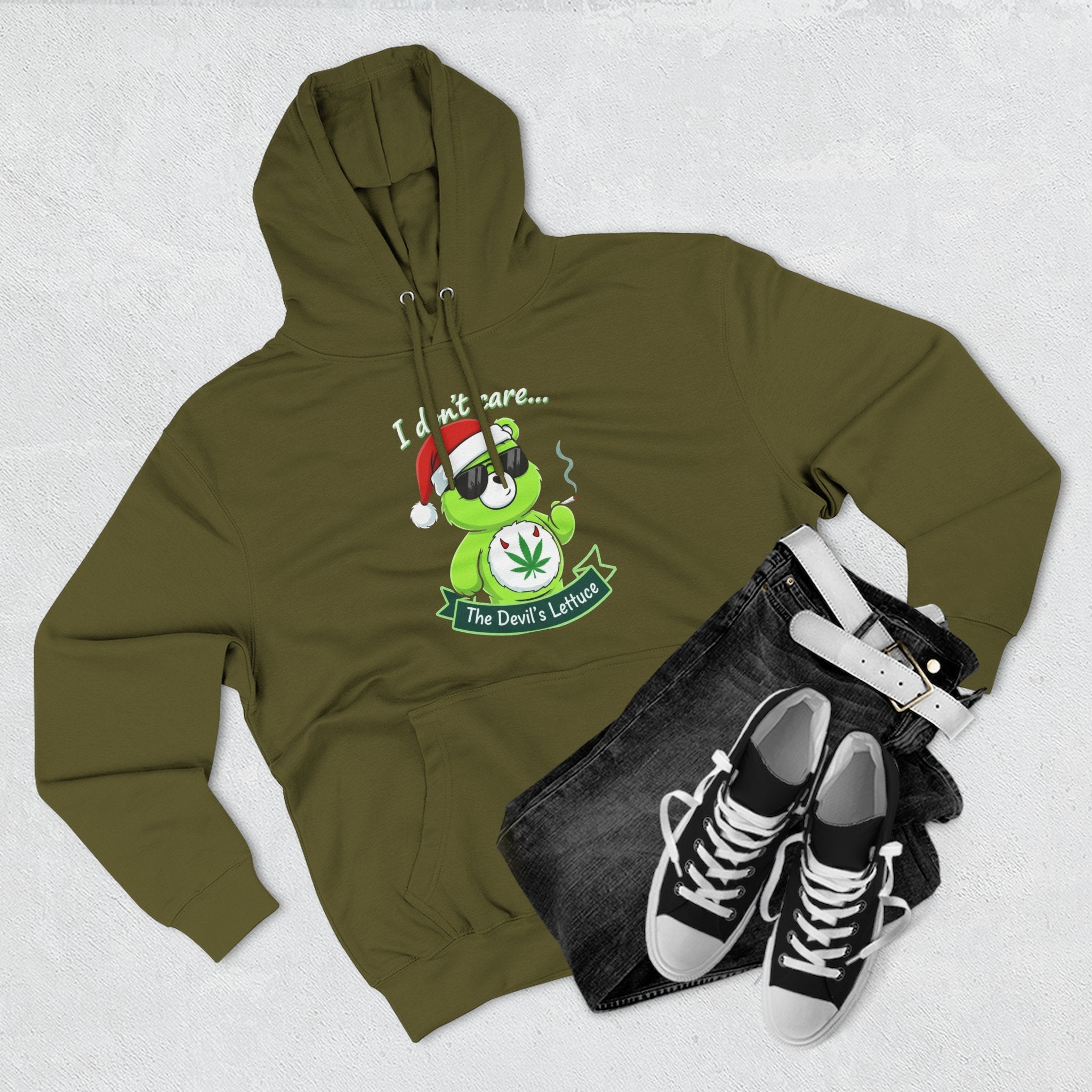 "I don't care" bear Graphic Hoodie(holiday edition) for Festivals, Men's and Women's Fashion, Perfect Gift for Stoners