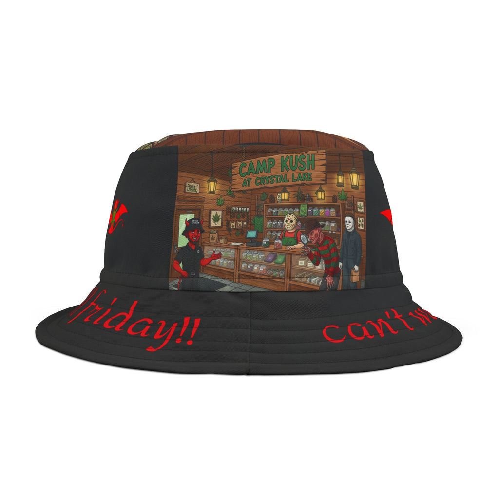 Camp Kush Bucket Hat - Cannabis-Themed Horror Apparel by The Devil's Lettuce, Can't wait till Friday! Bucket Hat/light green(AOP)