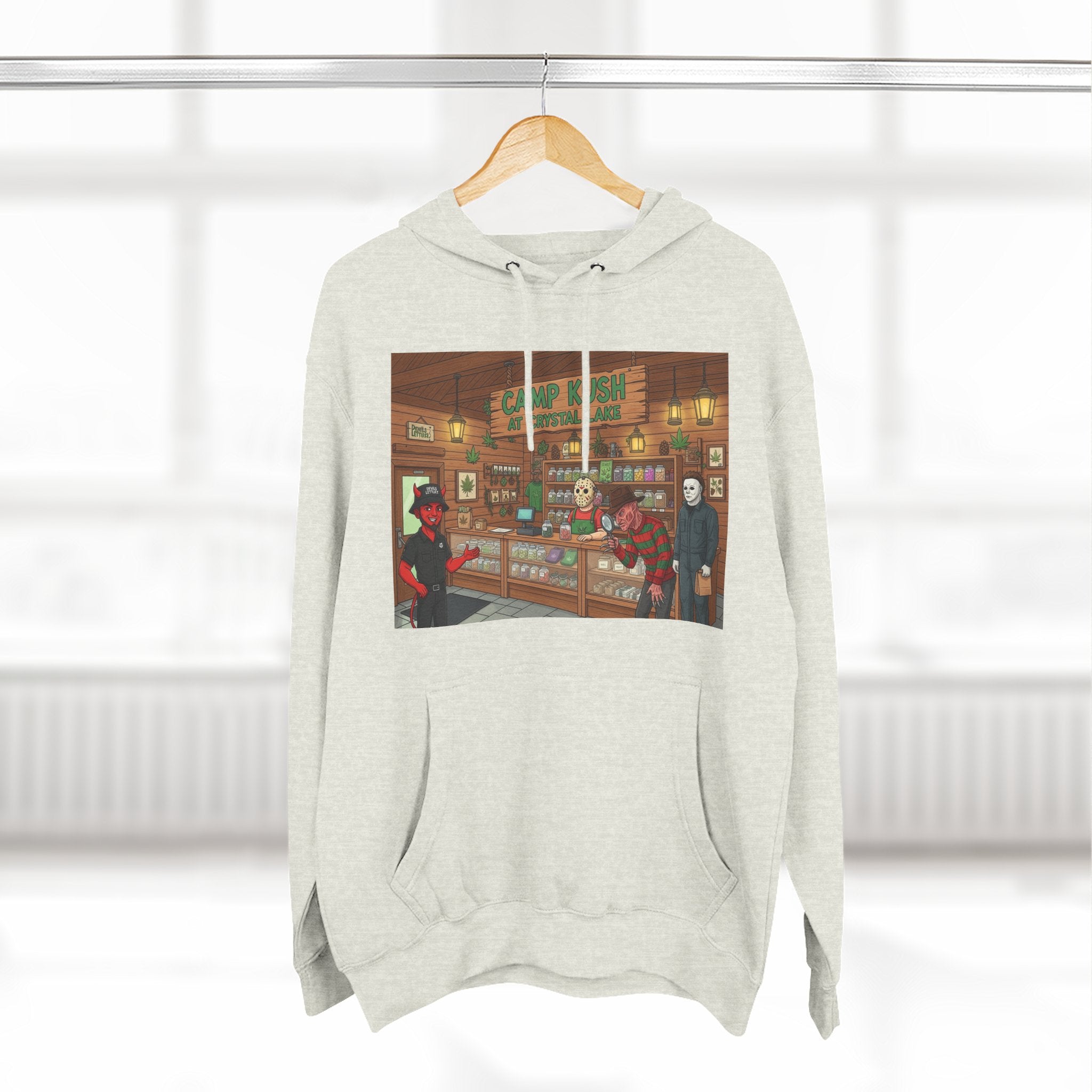 Camp Kush at Crystal LakeThree-Panel Fleece Hoodie, Cozy Casual Wear, Graphic Hoodie for Festivals, Men's and Women's Fashion, Perfect Gift for Stoners