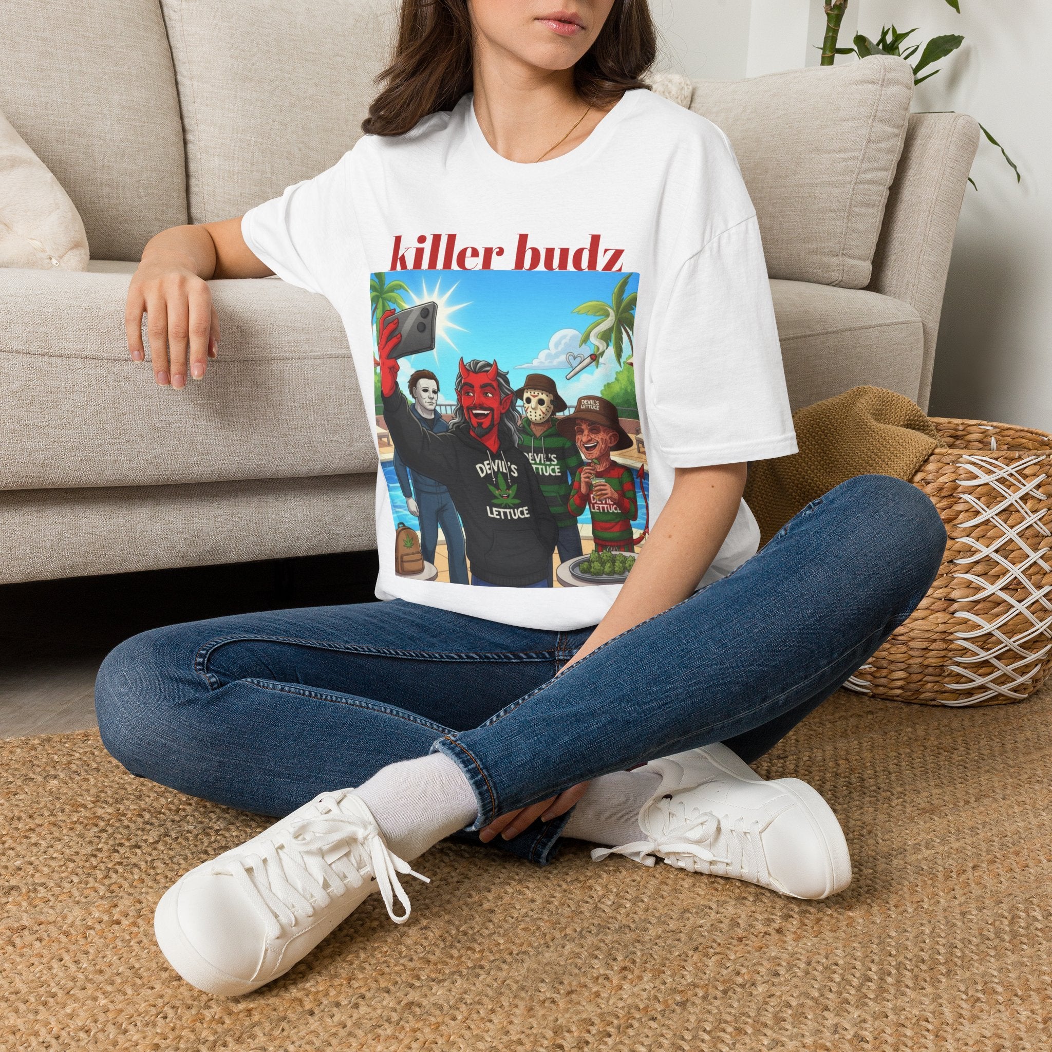 Killer Budz Graphic T-Shirt — Funny Devil & Skull Stoner Beach Design