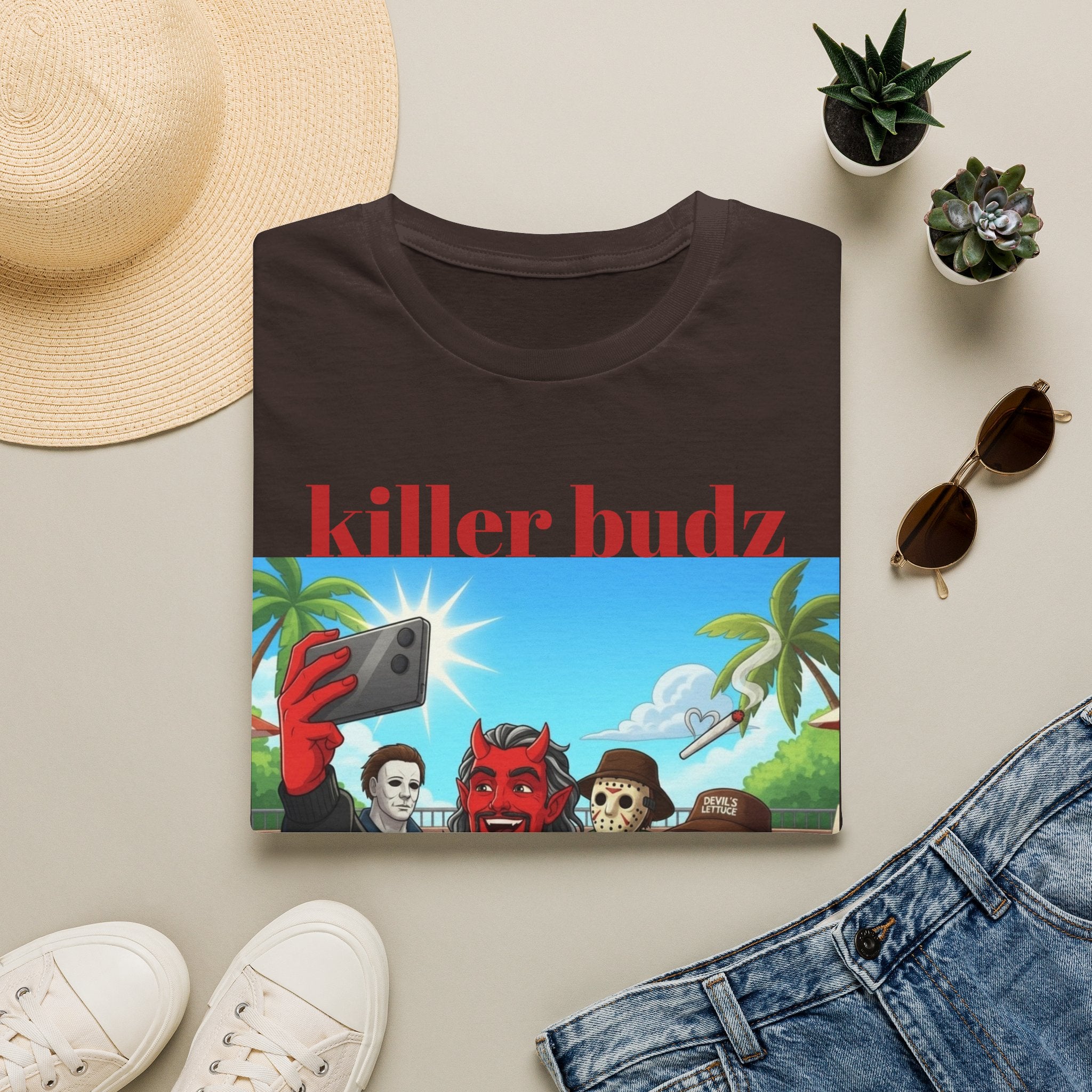Killer Budz Graphic T-Shirt — Funny Devil & Skull Stoner Beach Design