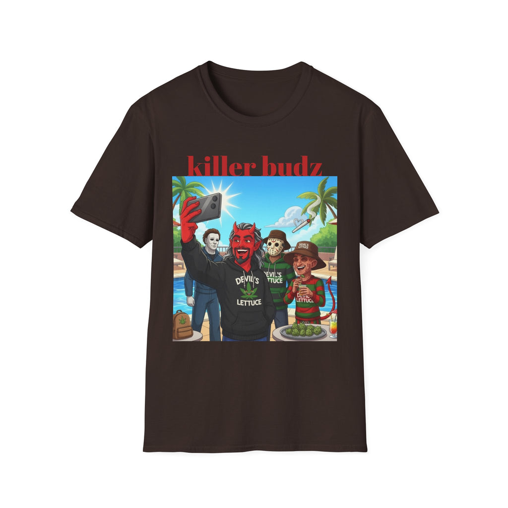 Killer Budz Graphic T-Shirt — Funny Devil & Skull Stoner Beach Design