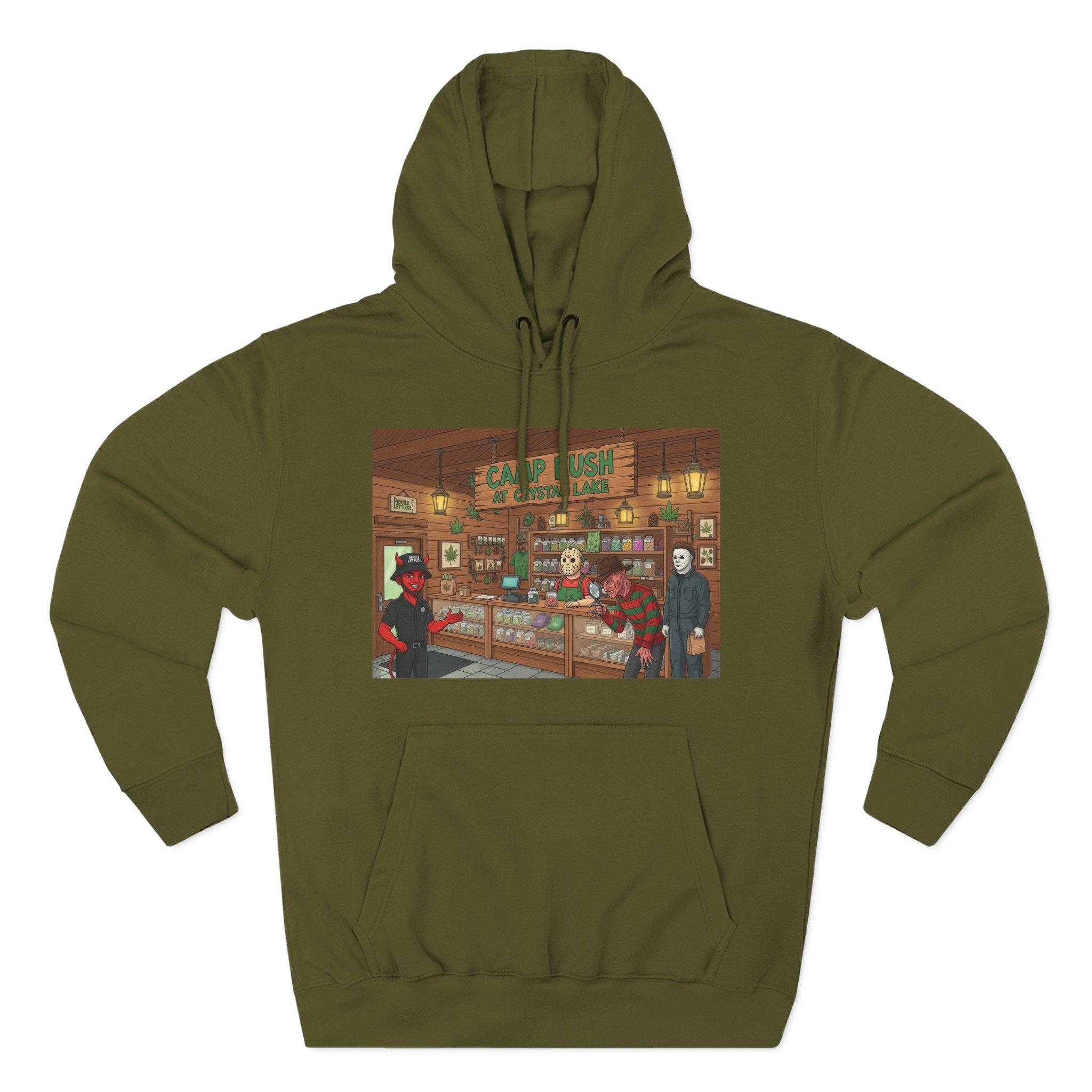 Camp Kush at Crystal LakeThree-Panel Fleece Hoodie, Cozy Casual Wear, Graphic Hoodie for Festivals, Men's and Women's Fashion, Perfect Gift for Stoners