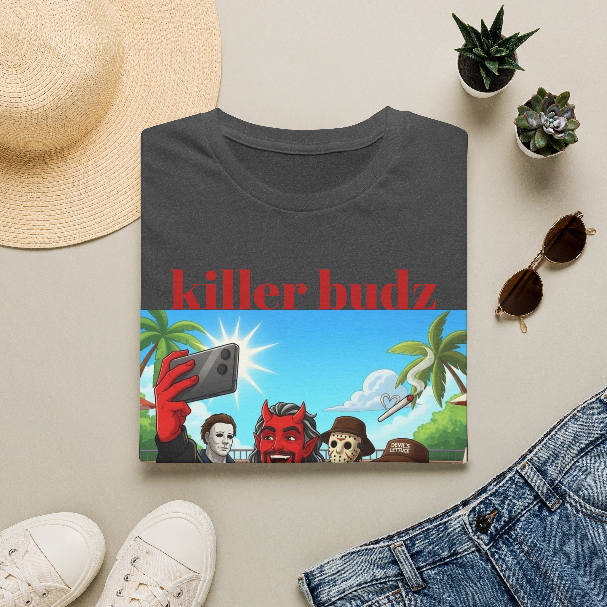 Killer Budz Graphic T-Shirt — Funny Devil & Skull Stoner Beach Design