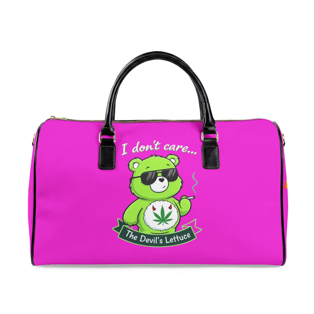 Pink Cannabis Bear Leather Travel Bag — "I don't care... The Devil's Lettuce" Duffel