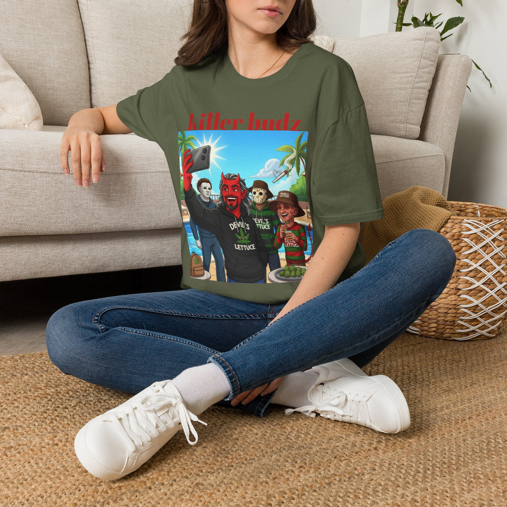 Killer Budz Graphic T-Shirt — Funny Devil & Skull Stoner Beach Design