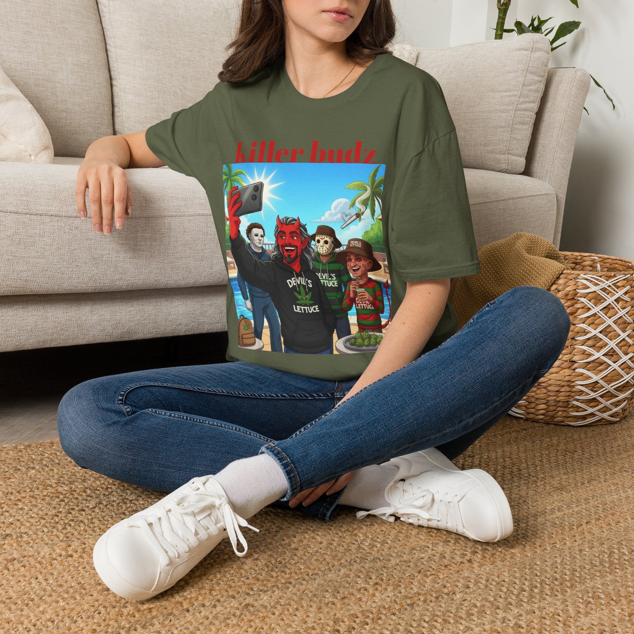 Killer Budz Graphic T-Shirt — Funny Devil & Skull Stoner Beach Design