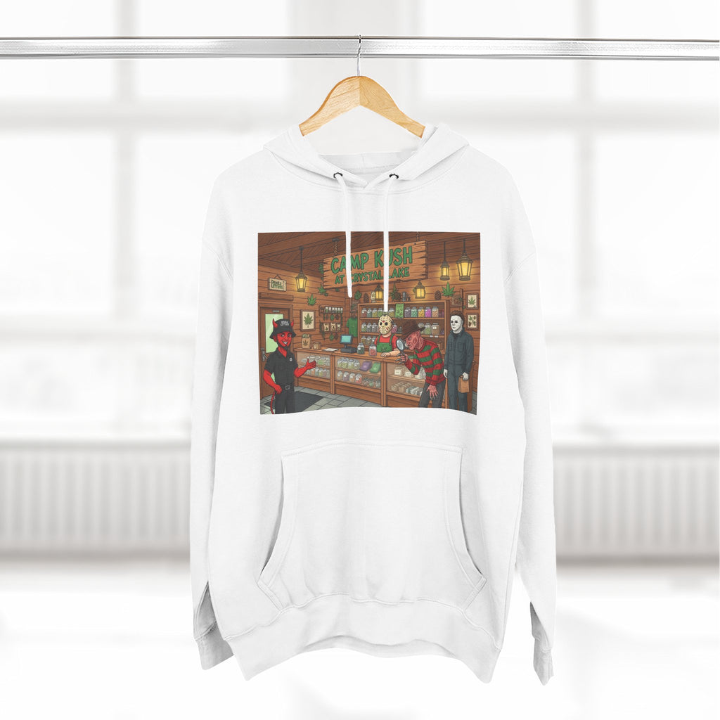 Camp Kush at Crystal LakeThree-Panel Fleece Hoodie, Cozy Casual Wear, Graphic Hoodie for Festivals, Men's and Women's Fashion, Perfect Gift for Stoners