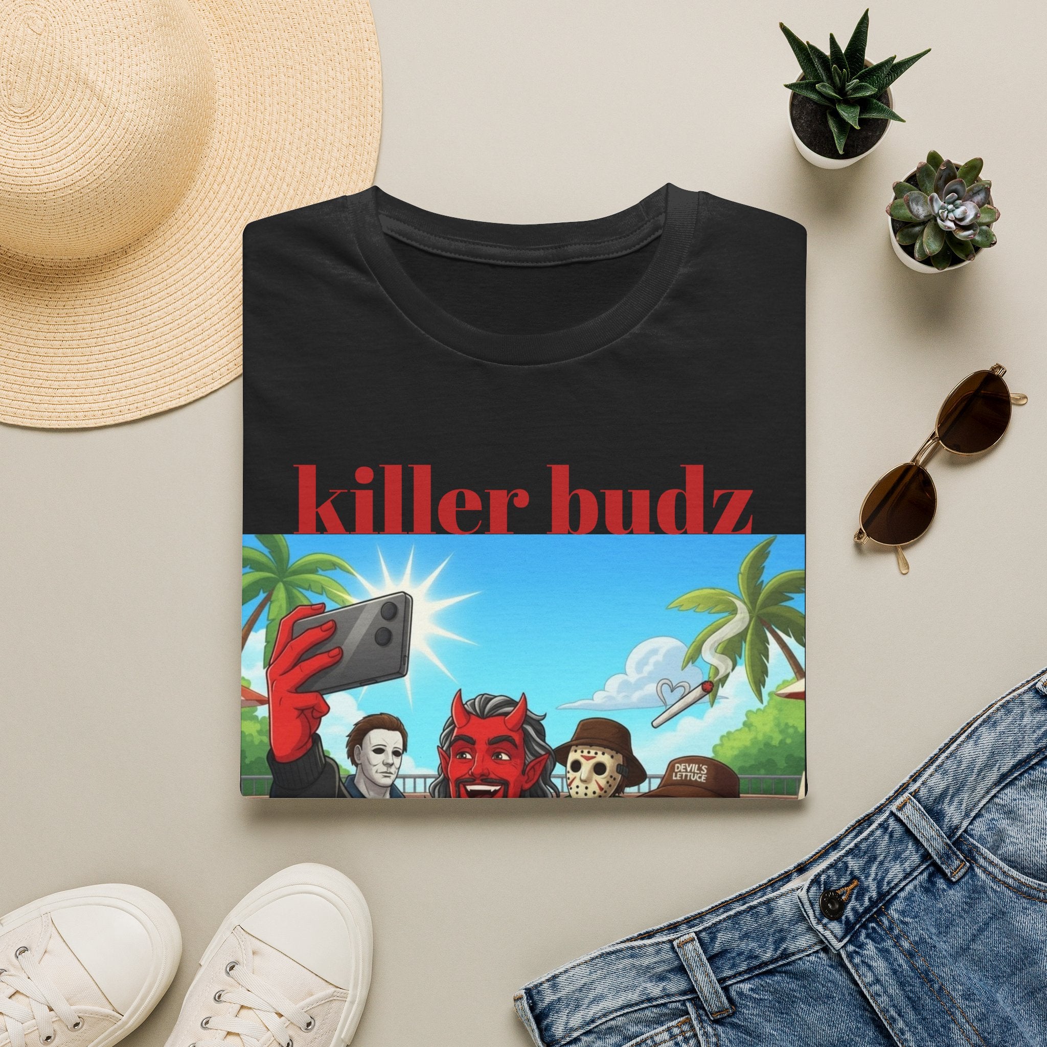 Killer Budz Graphic T-Shirt — Funny Devil & Skull Stoner Beach Design