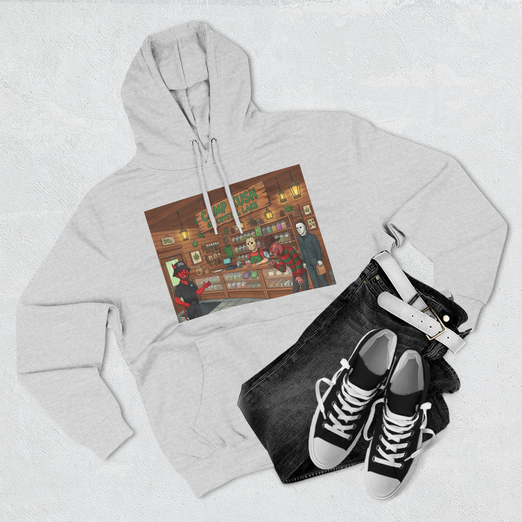 Camp Kush at Crystal LakeThree-Panel Fleece Hoodie, Cozy Casual Wear, Graphic Hoodie for Festivals, Men's and Women's Fashion, Perfect Gift for Stoners