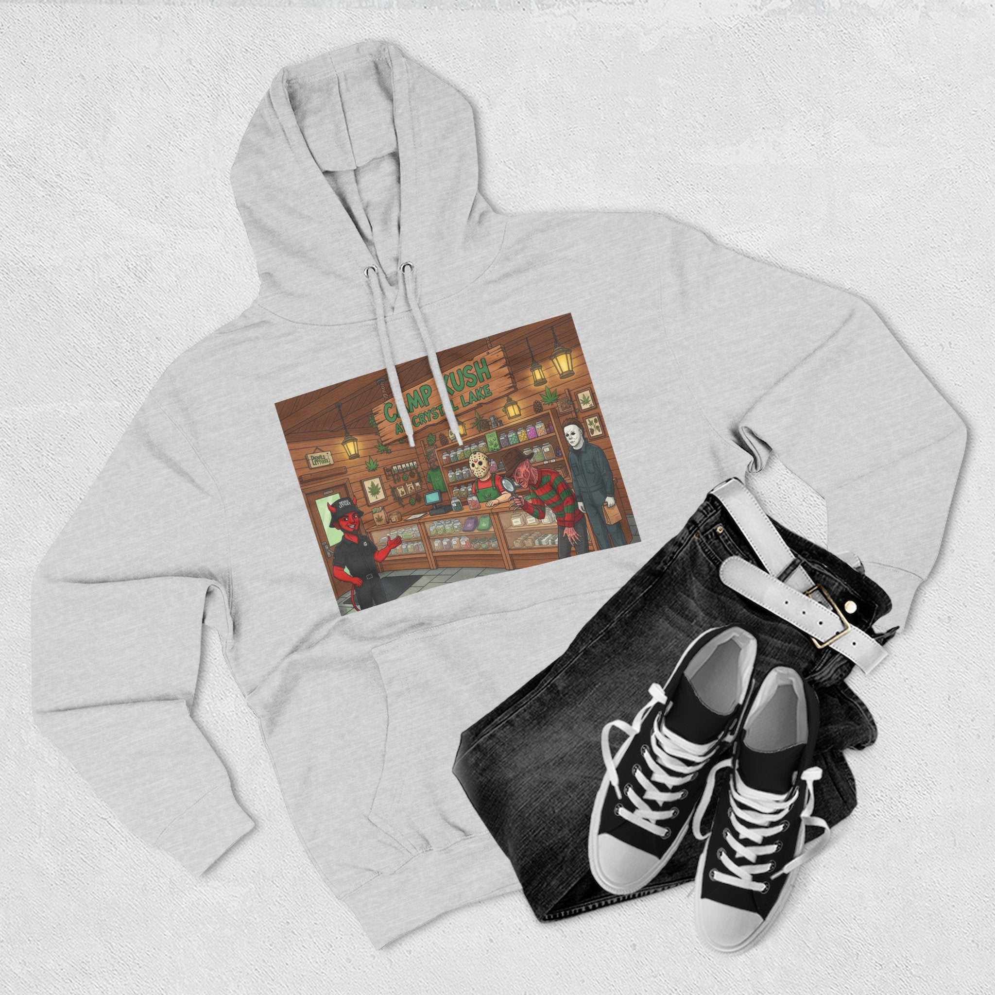 Camp Kush at Crystal LakeThree-Panel Fleece Hoodie, Cozy Casual Wear, Graphic Hoodie for Festivals, Men's and Women's Fashion, Perfect Gift for Stoners