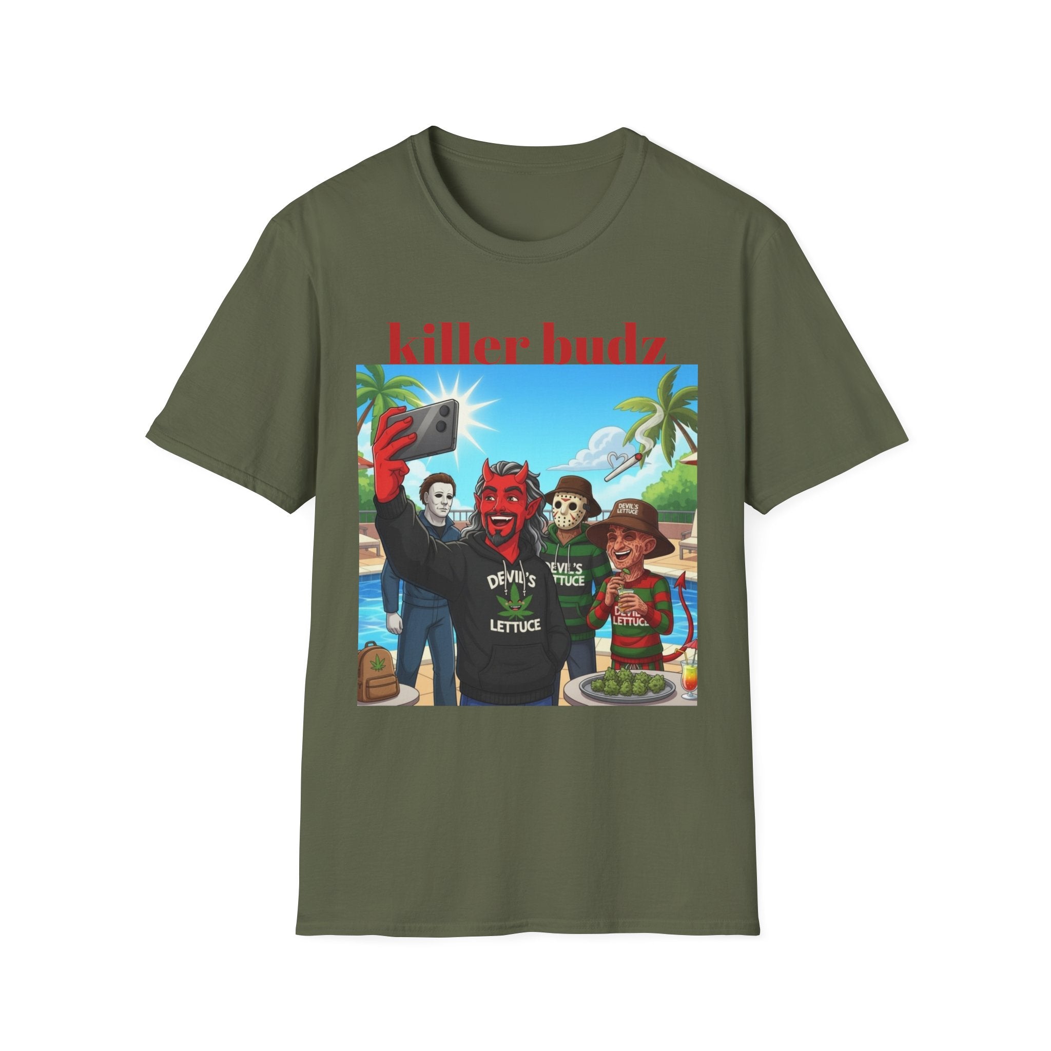 Killer Budz Graphic T-Shirt — Funny Devil & Skull Stoner Beach Design