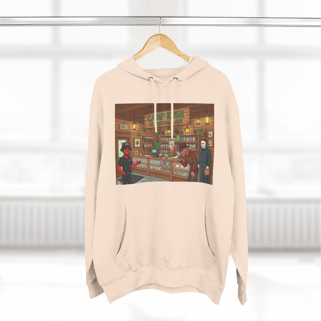 Camp Kush at Crystal LakeThree-Panel Fleece Hoodie, Cozy Casual Wear, Graphic Hoodie for Festivals, Men's and Women's Fashion, Perfect Gift for Stoners
